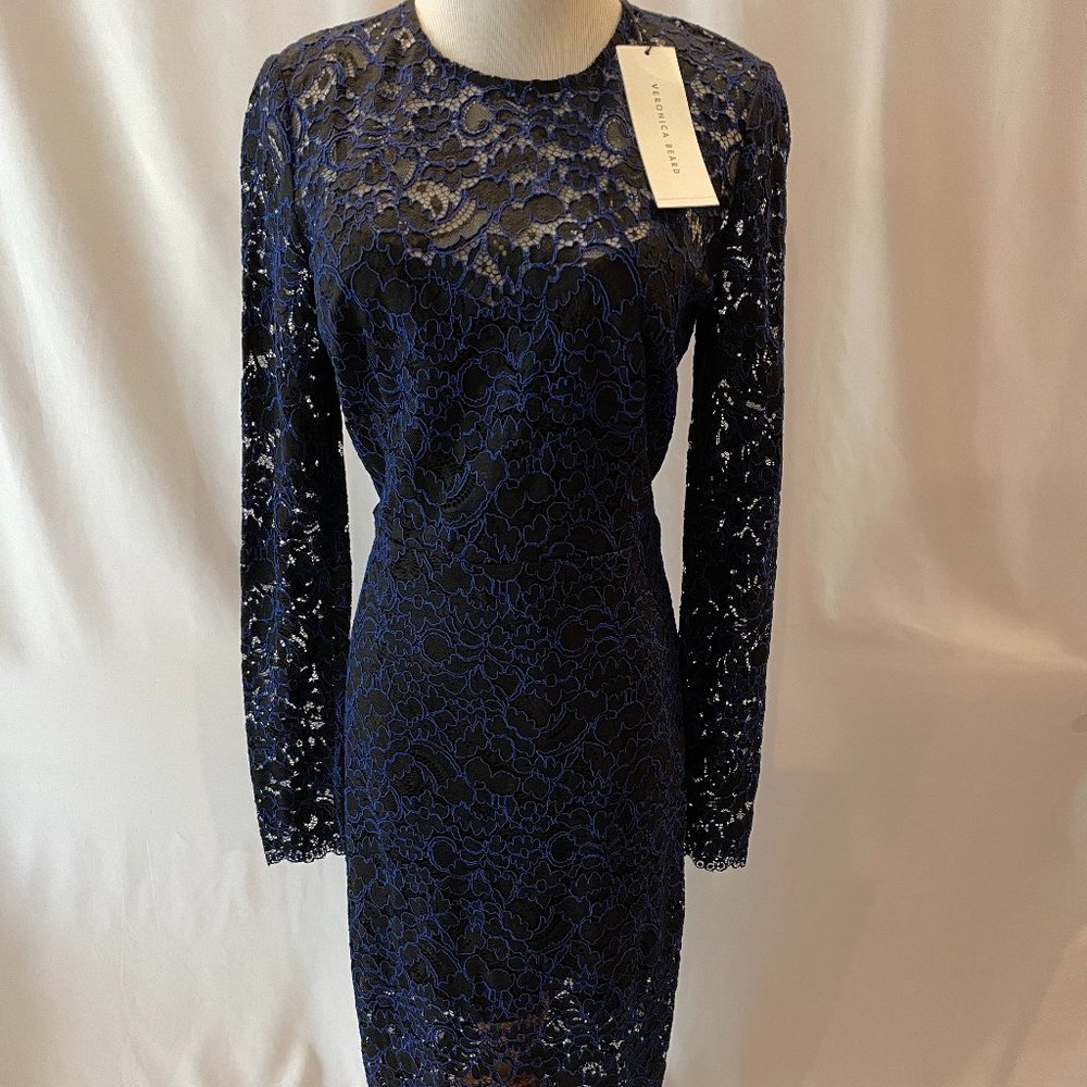 Veronica Beard Gynne Pencil Lace Dress NWT Size 2 Black Blue $650 Long Sleeve